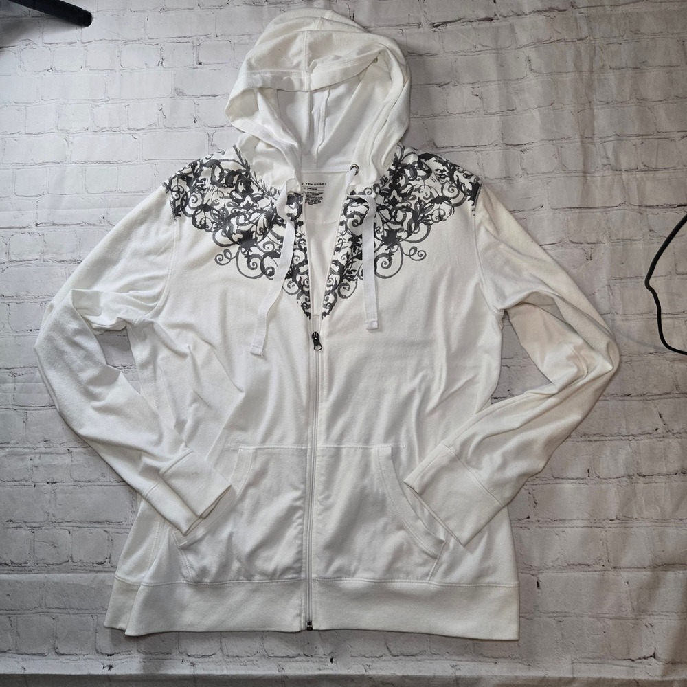 Tek Gear Womens XL White Zip Up Hoodie Grey Filigree scroll Cyber Grunge
